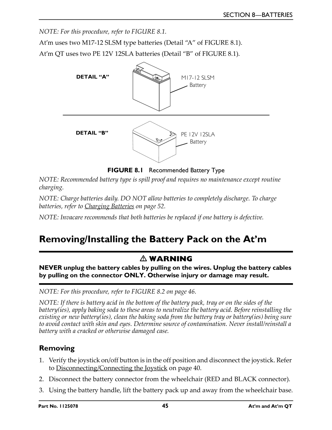 Invacare 1125078 service manual Removing/Installing the Battery Pack on the At’m, Recommended Battery Type 