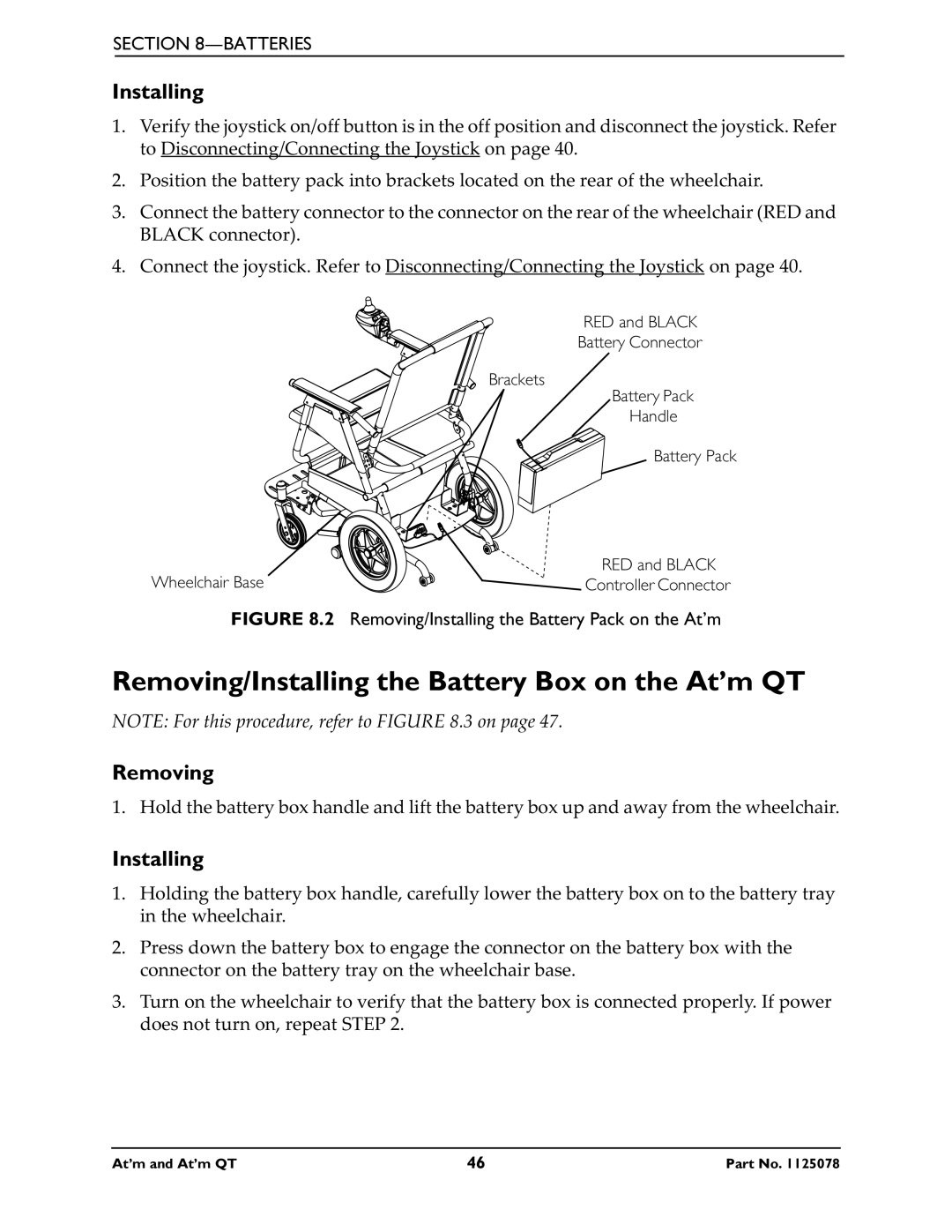 Invacare 1125078 Removing/Installing the Battery Box on the At’m QT, Removing/Installing the Battery Pack on the At’m 
