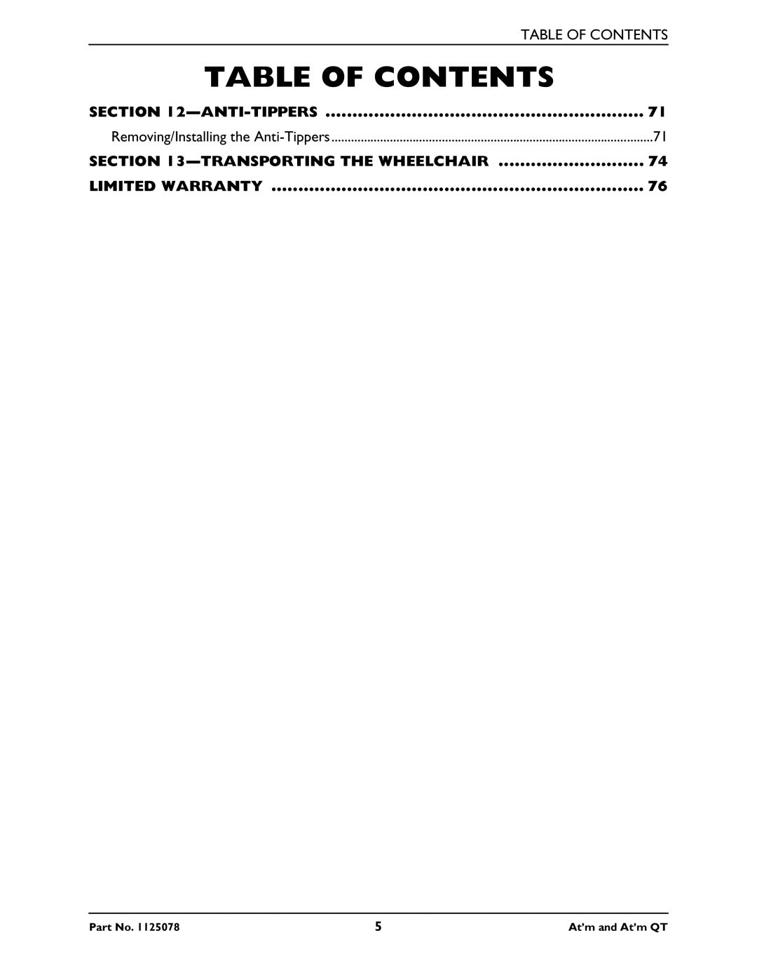 Invacare 1125078 service manual Anti-Tippers, Transporting the Wheelchair Limited Warranty 