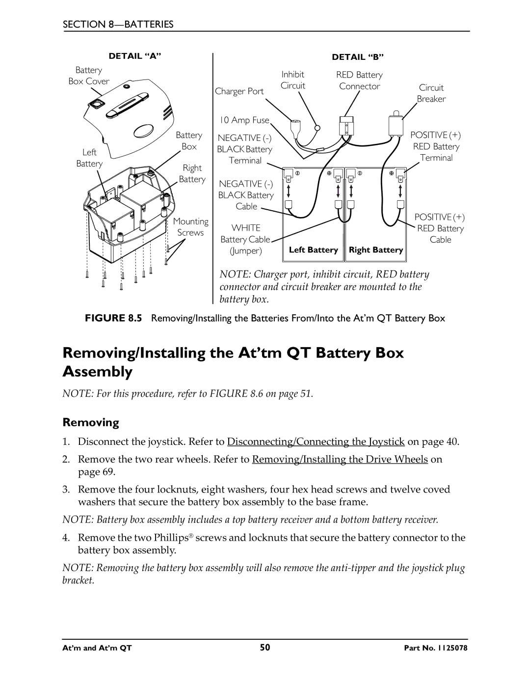 Invacare 1125078 service manual Removing/Installing the At’tm QT Battery Box Assembly 