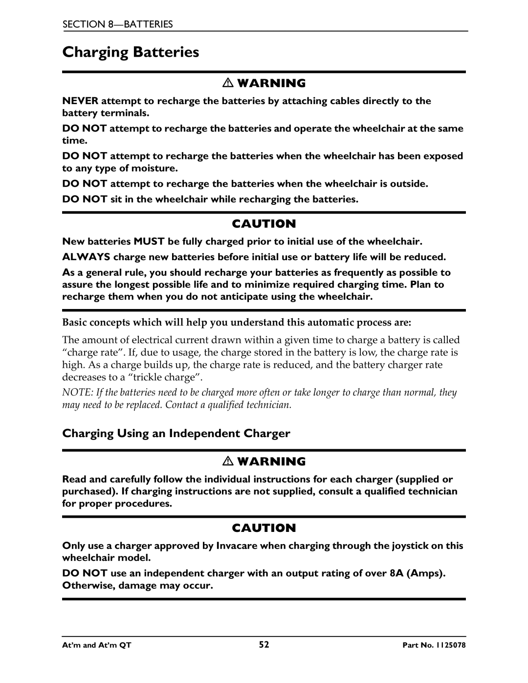 Invacare 1125078 service manual Charging Batteries, Charging Using an Independent Charger 