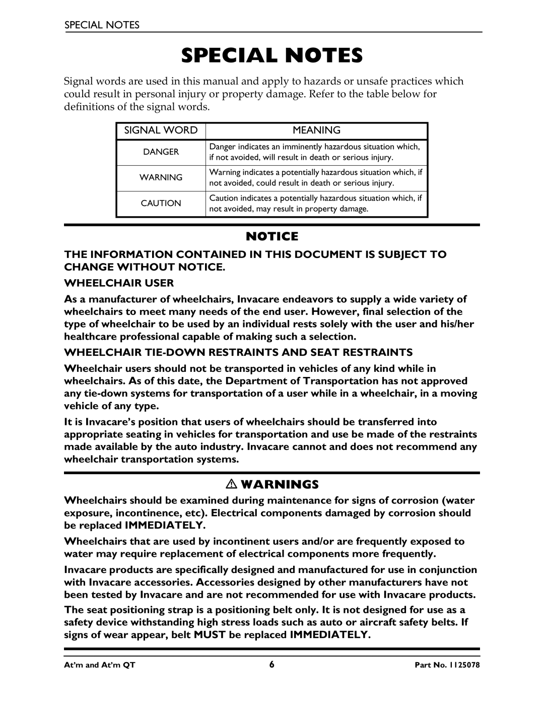 Invacare 1125078 service manual Special Notes, Signal Word Meaning, Wheelchair TIE-DOWN Restraints and Seat Restraints 