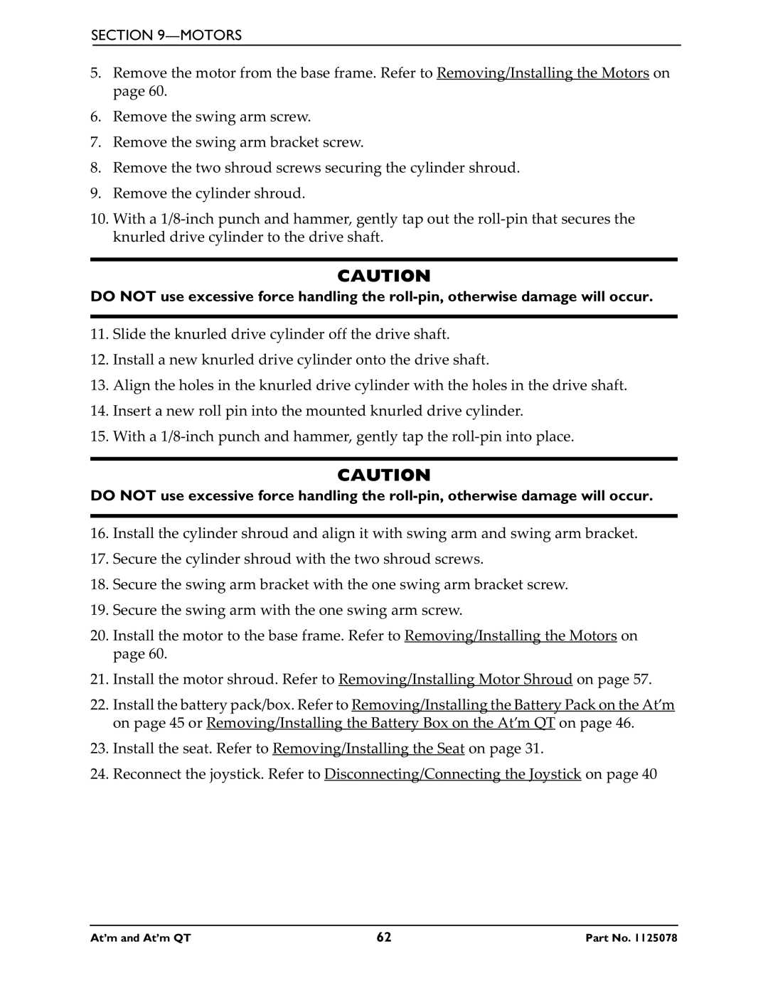 Invacare 1125078 service manual Motors 