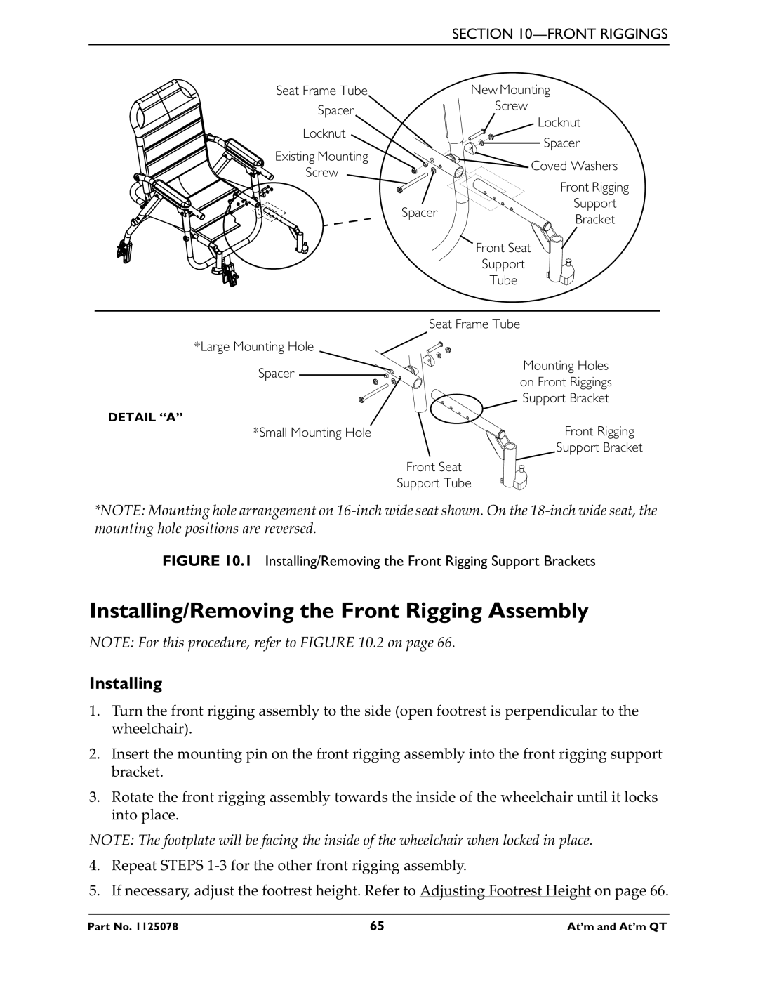 Invacare 1125078 service manual Installing/Removing the Front Rigging Assembly, Front Riggings 