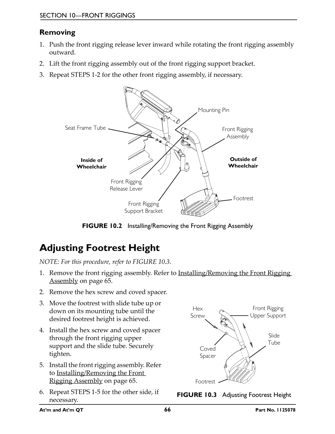 Invacare 1125078 service manual Adjusting Footrest Height, Installing/Removing the Front Rigging Assembly 