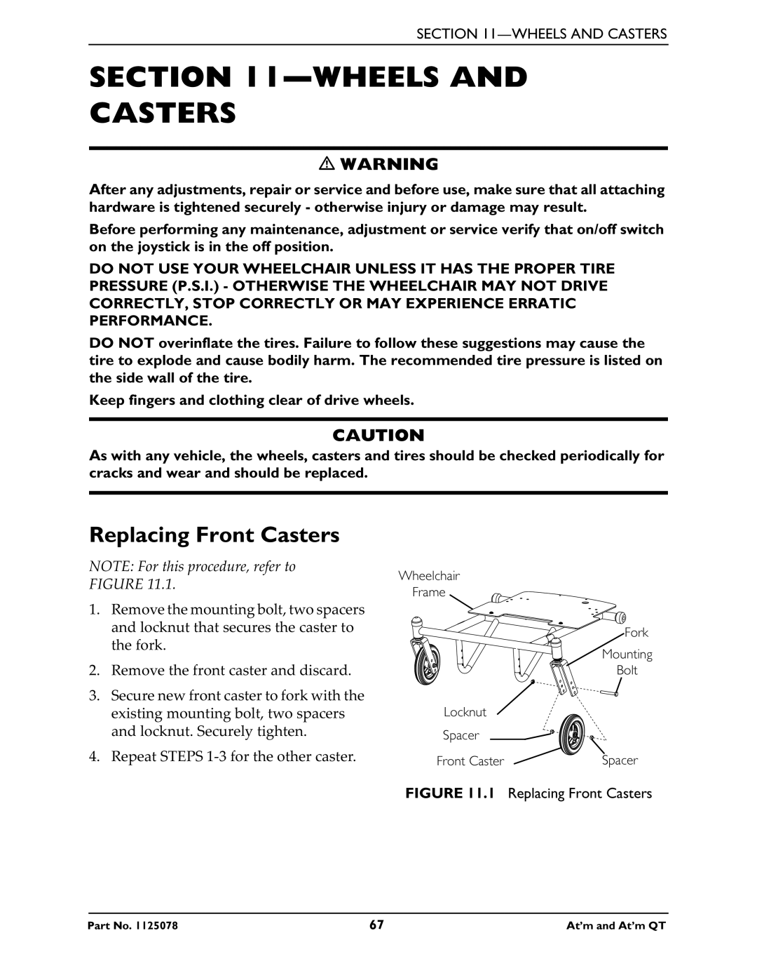 Invacare 1125078 service manual Wheels and Casters, Replacing Front Casters 