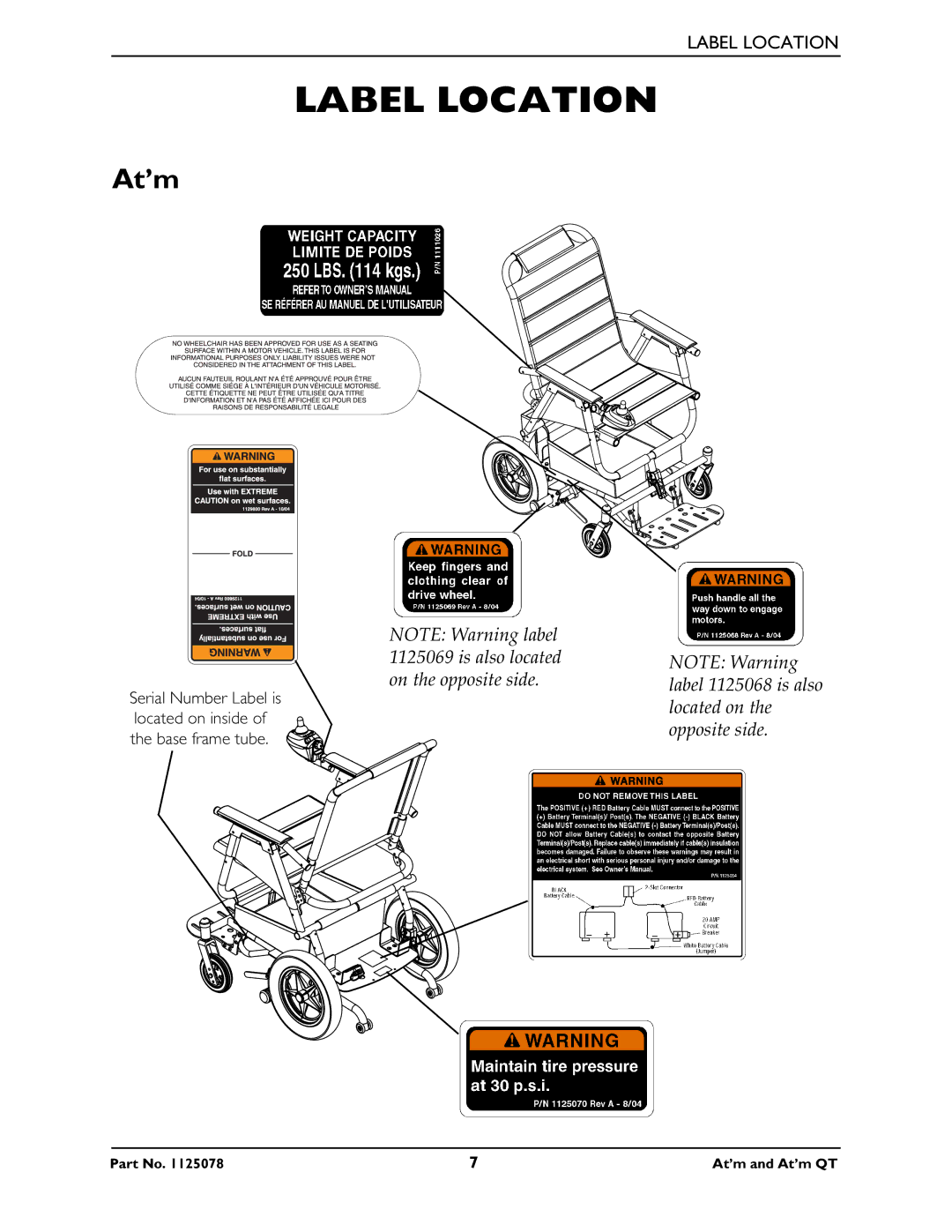 Invacare 1125078 service manual Label Location, At’m 