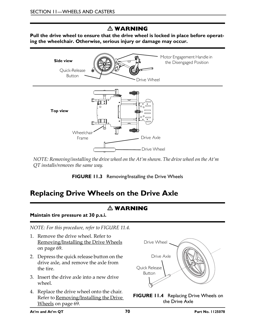 Invacare 1125078 service manual Replacing Drive Wheels on the Drive Axle, Removing/Installing the Drive Wheels 