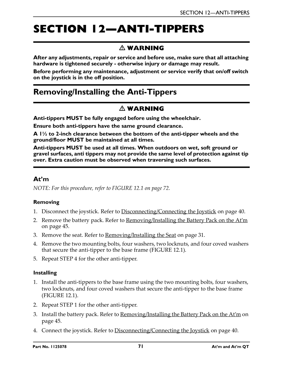 Invacare 1125078 service manual Removing/Installing the Anti-Tippers 