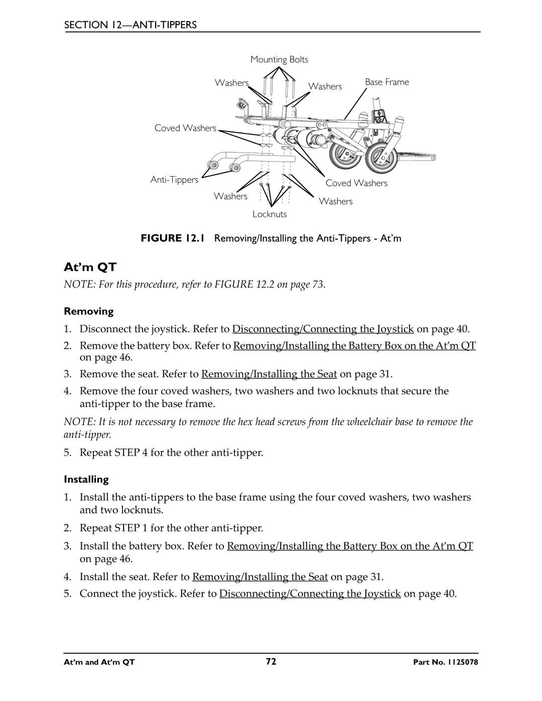 Invacare 1125078 service manual Removing/Installing the Anti-Tippers- At’m 