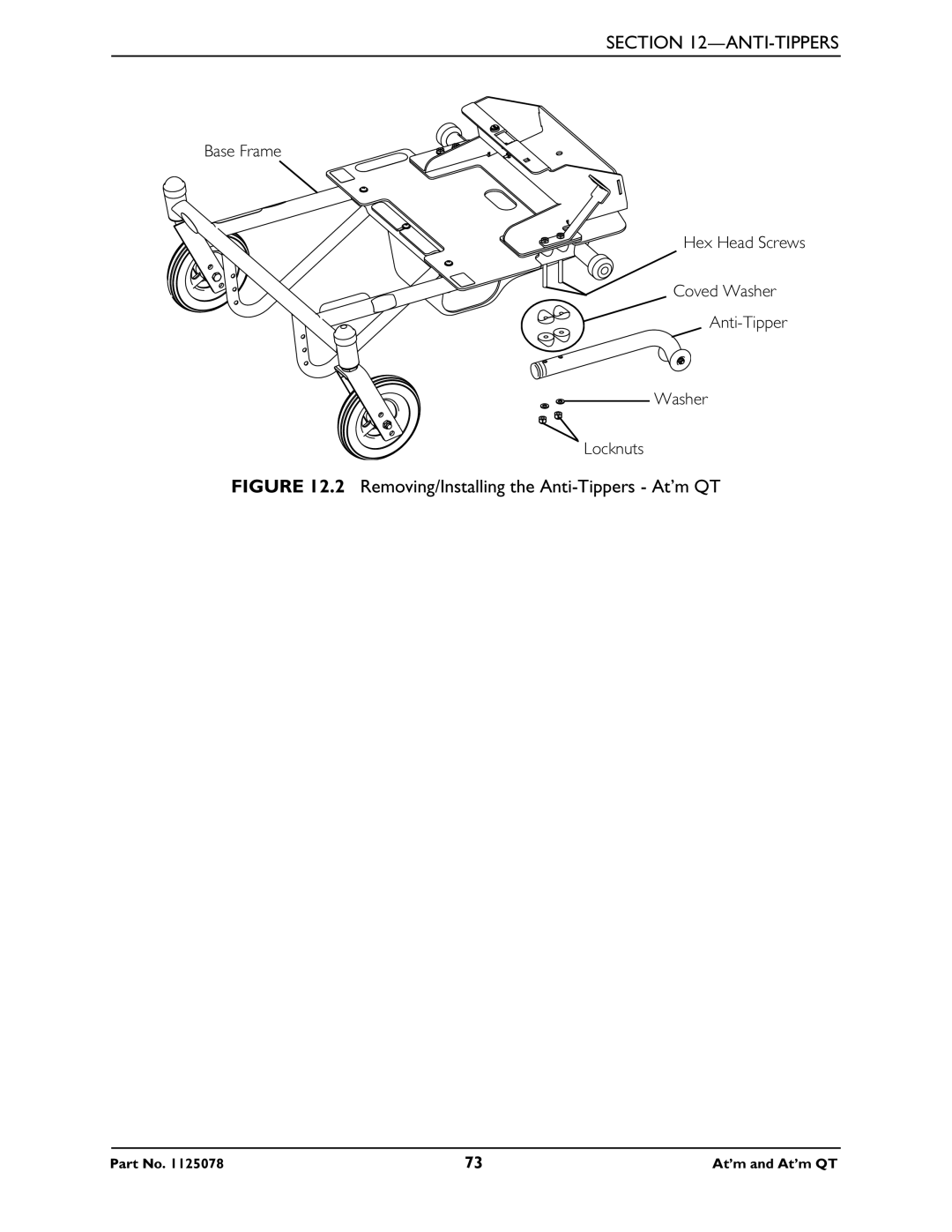 Invacare 1125078 service manual Removing/Installing the Anti-Tippers- At’m QT 