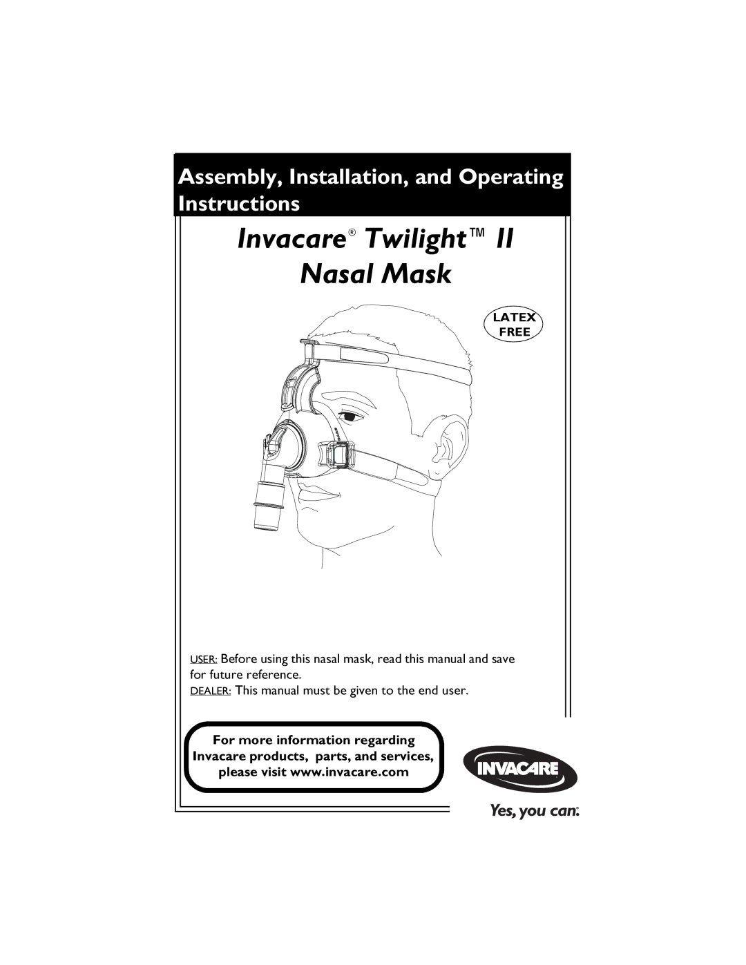 Invacare 1126360 3 operating instructions Invacare TwilightII Nasal Mask 