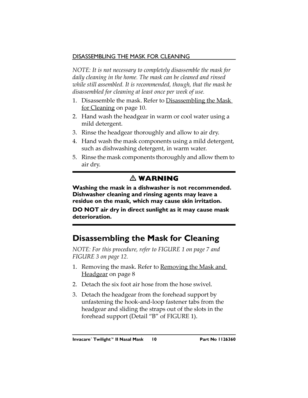 Invacare 1126360 3 operating instructions Disassembling the Mask for Cleaning 