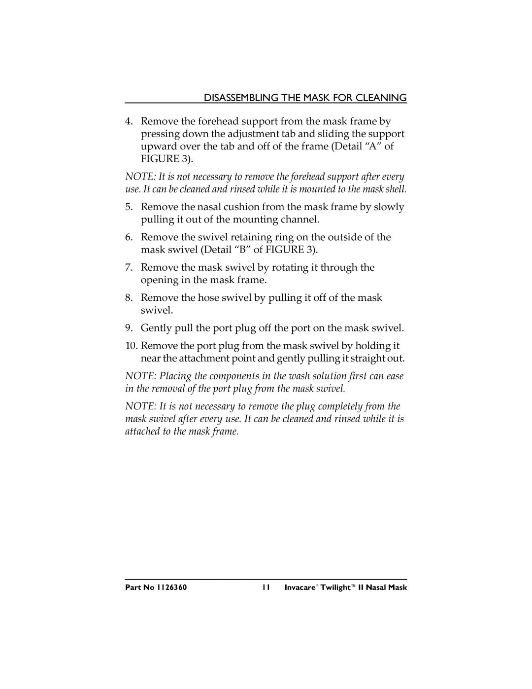 Invacare 1126360 3 operating instructions Disassembling the Mask for Cleaning 