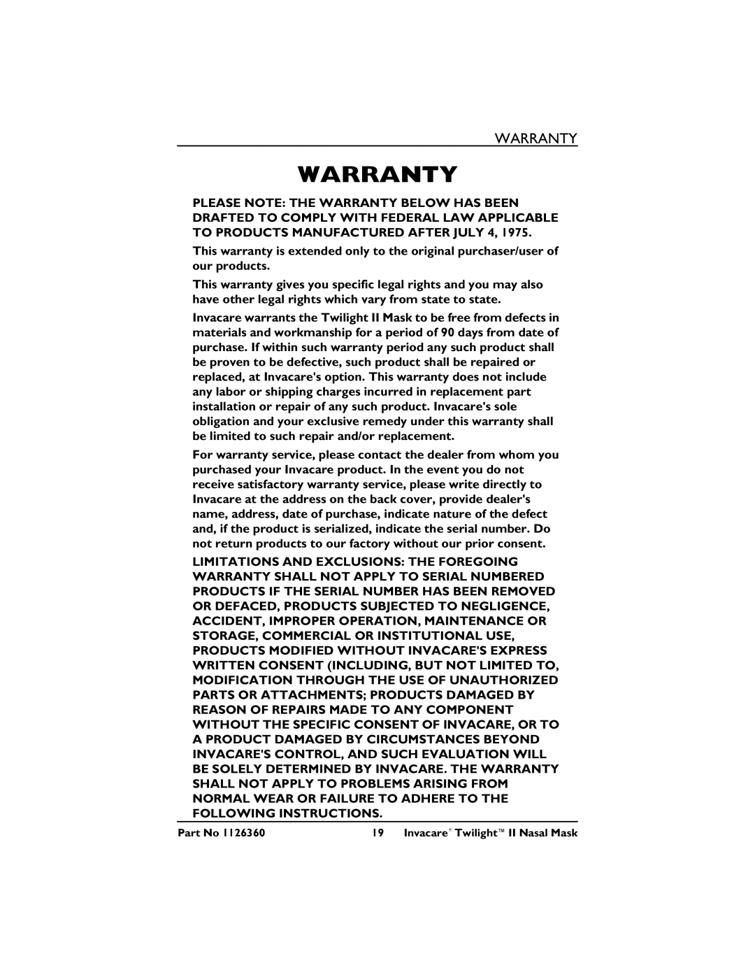 Invacare 1126360 3 operating instructions Warranty 