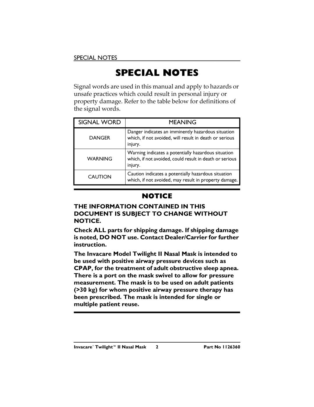 Invacare 1126360 3 operating instructions Special Notes 