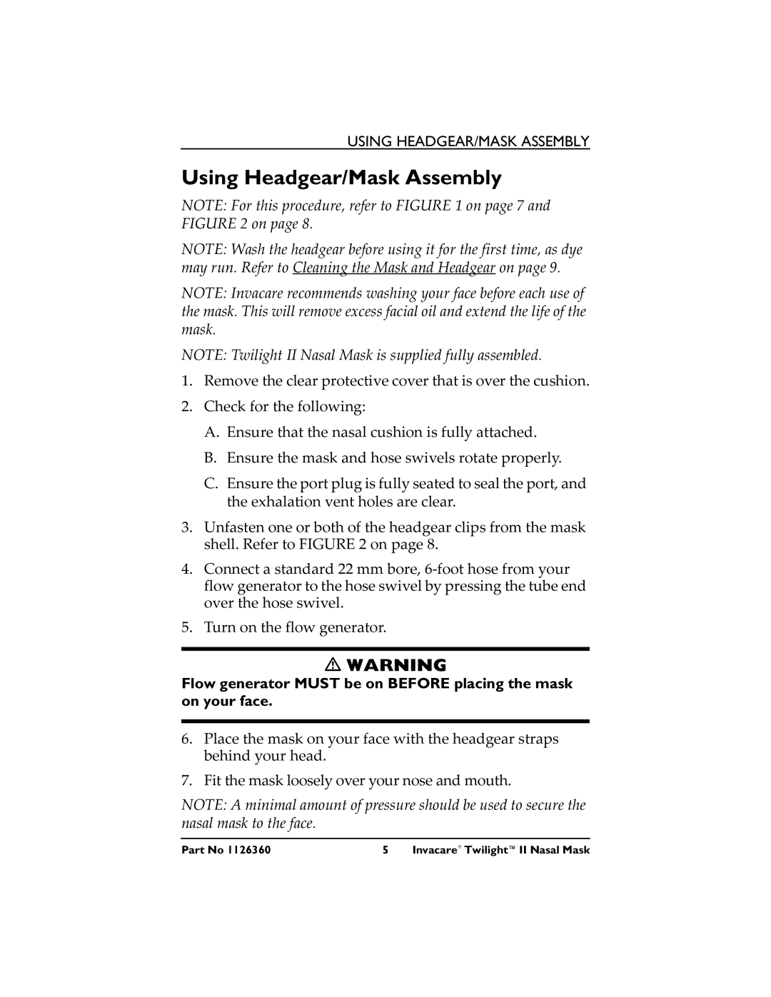 Invacare 1126360 3 operating instructions Using Headgear/Mask Assembly 