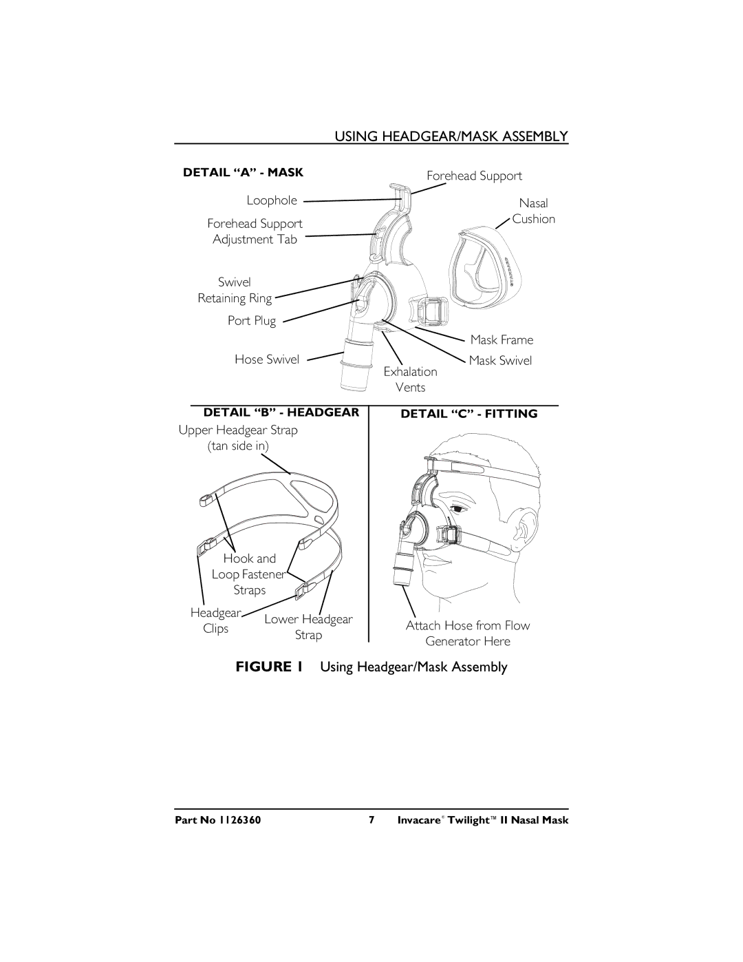 Invacare 1126360 3 operating instructions Using Headgear/Mask Assembly 