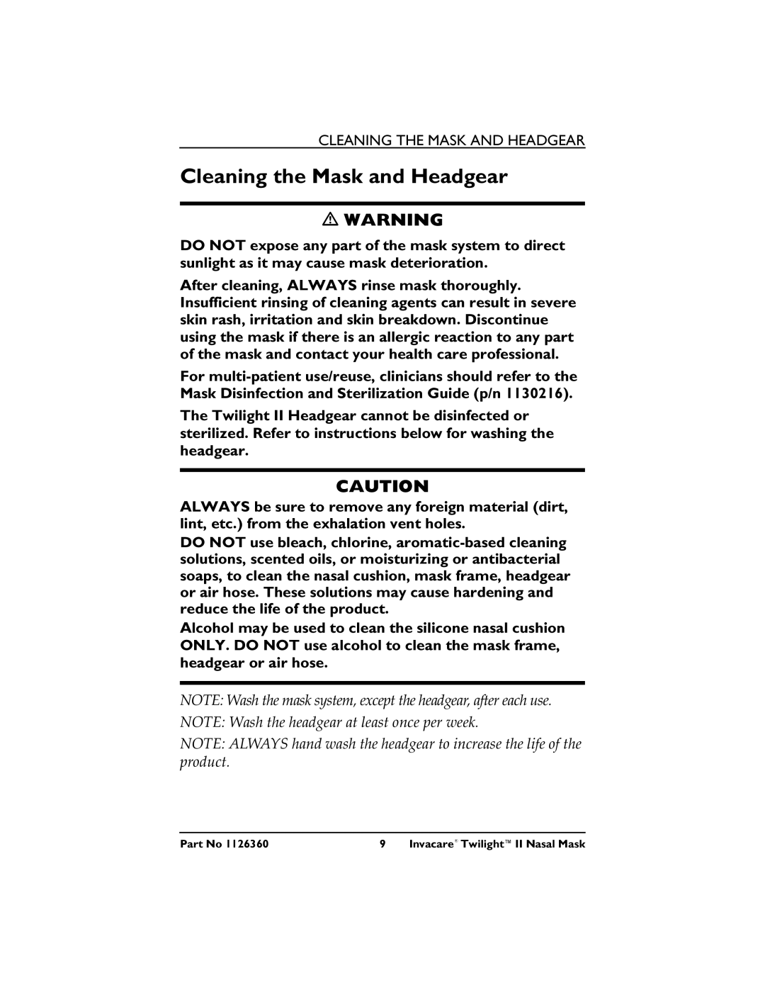 Invacare 1126360 3 operating instructions Cleaning the Mask and Headgear 