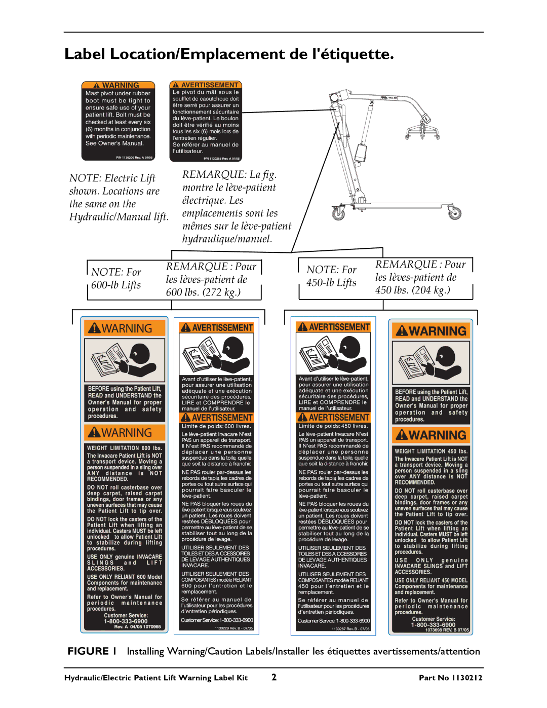 Invacare 1130229B, 1130200, 1130265A, 1130267B, 1130269, 1130212 instruction sheet Label Location/Emplacement de létiquette 