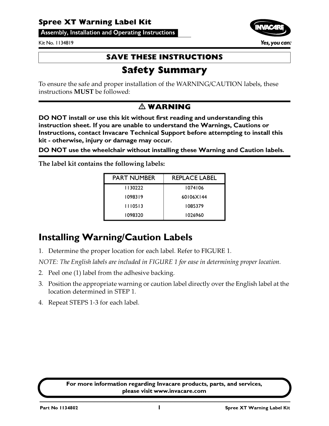 Invacare 1134802 1, 1130222, 1098320, 1098319, 1110513 instruction sheet Safety Summary, Installing Warning/Caution Labels 