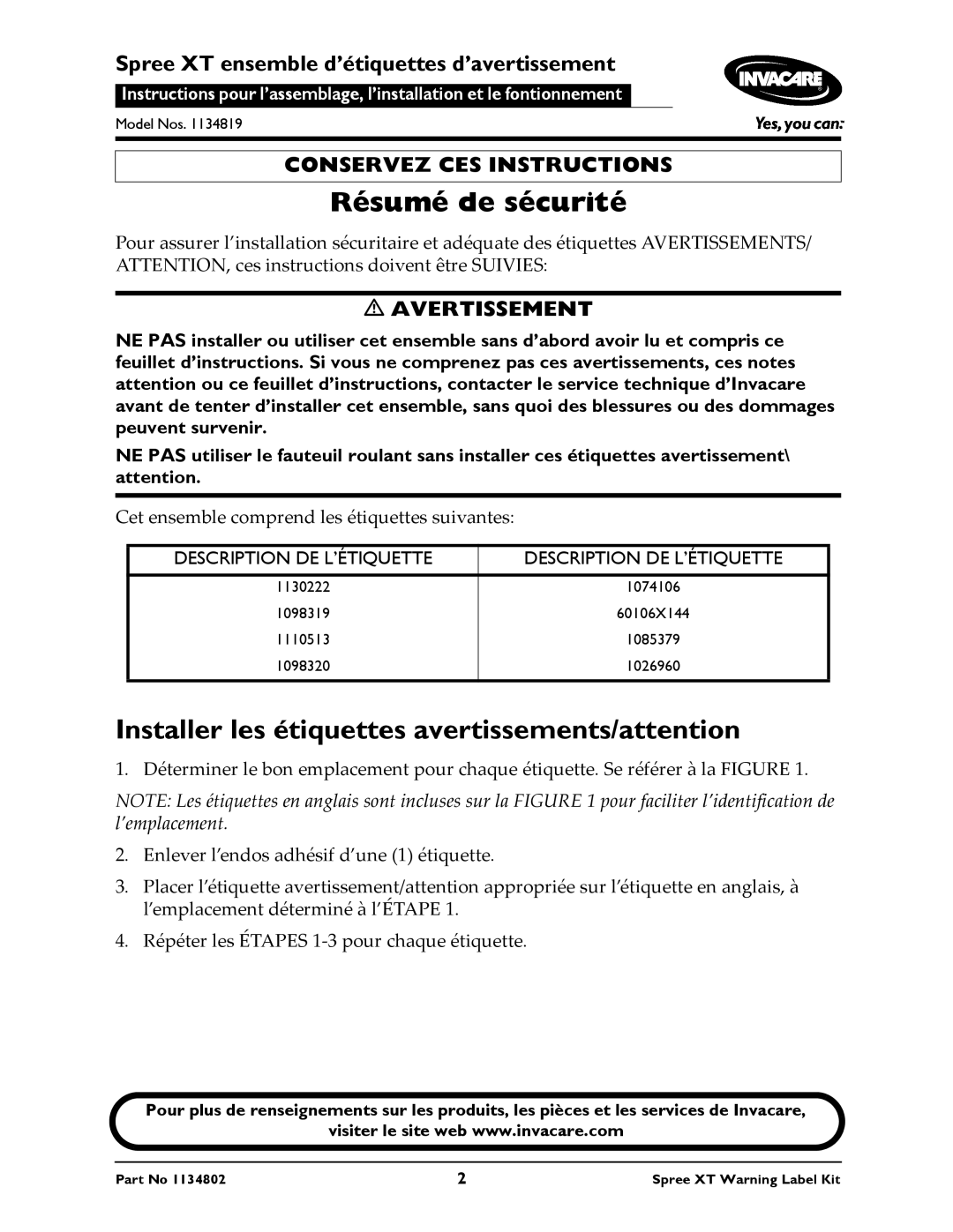 Invacare 1098320, 1130222, 1134802 1, 1098319, 1110513 Résumé de sécurité, Installer les étiquettes avertissements/attention 