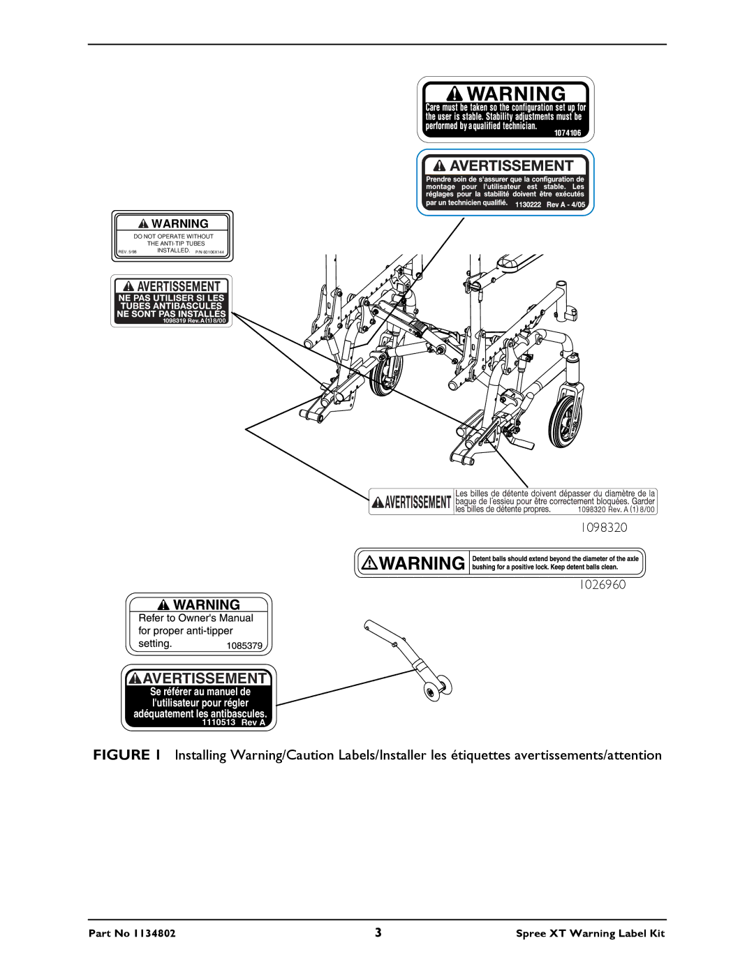 Invacare 1098319, 1130222, 1134802 1, 1098320, 1110513 instruction sheet Avertissement 