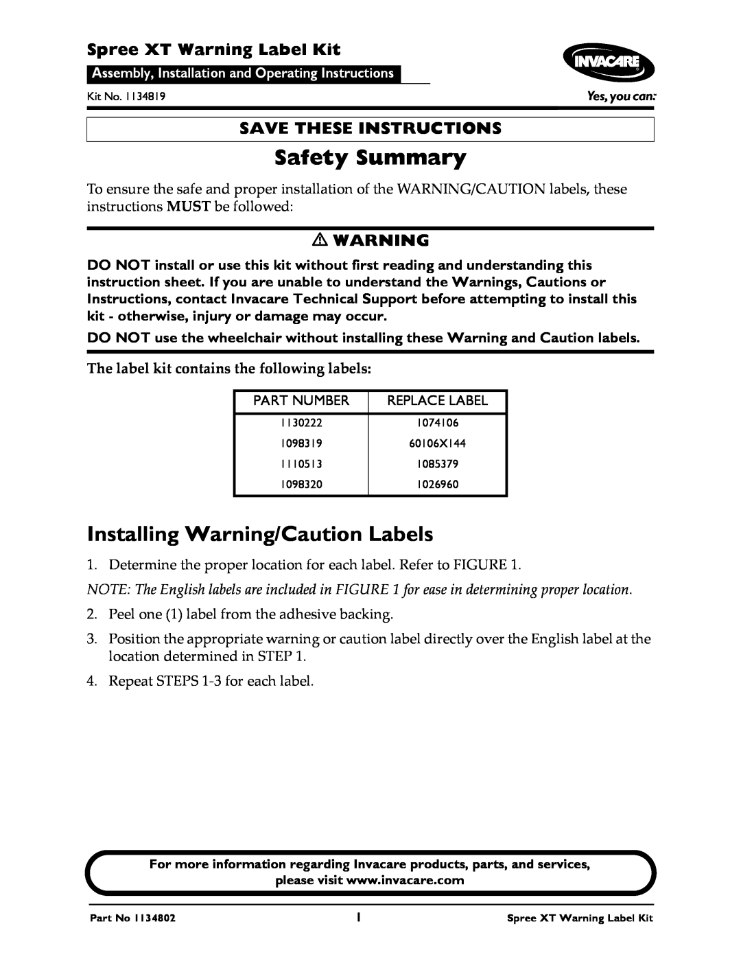 Invacare 1134802 1 instruction sheet Safety Summary, Installing Warning/Caution Labels, Spree XT Warning Label Kit 