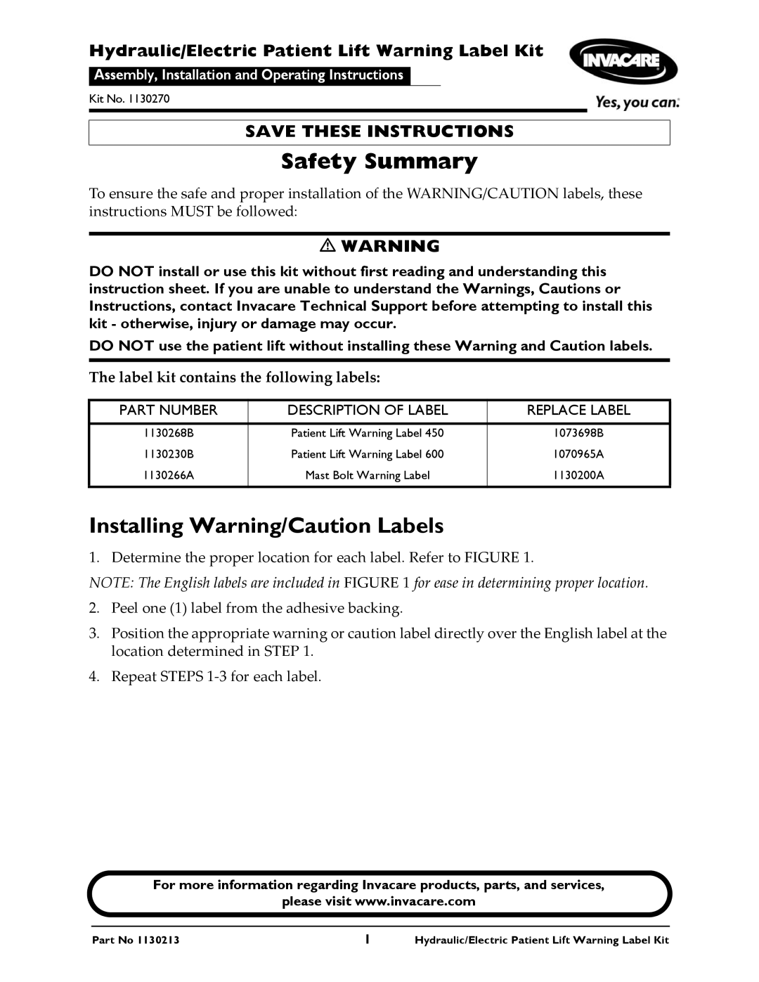 Invacare 1130230B, 1130266A, 1130213, 1130268B instruction sheet Safety Summary, Installing Warning/Caution Labels 