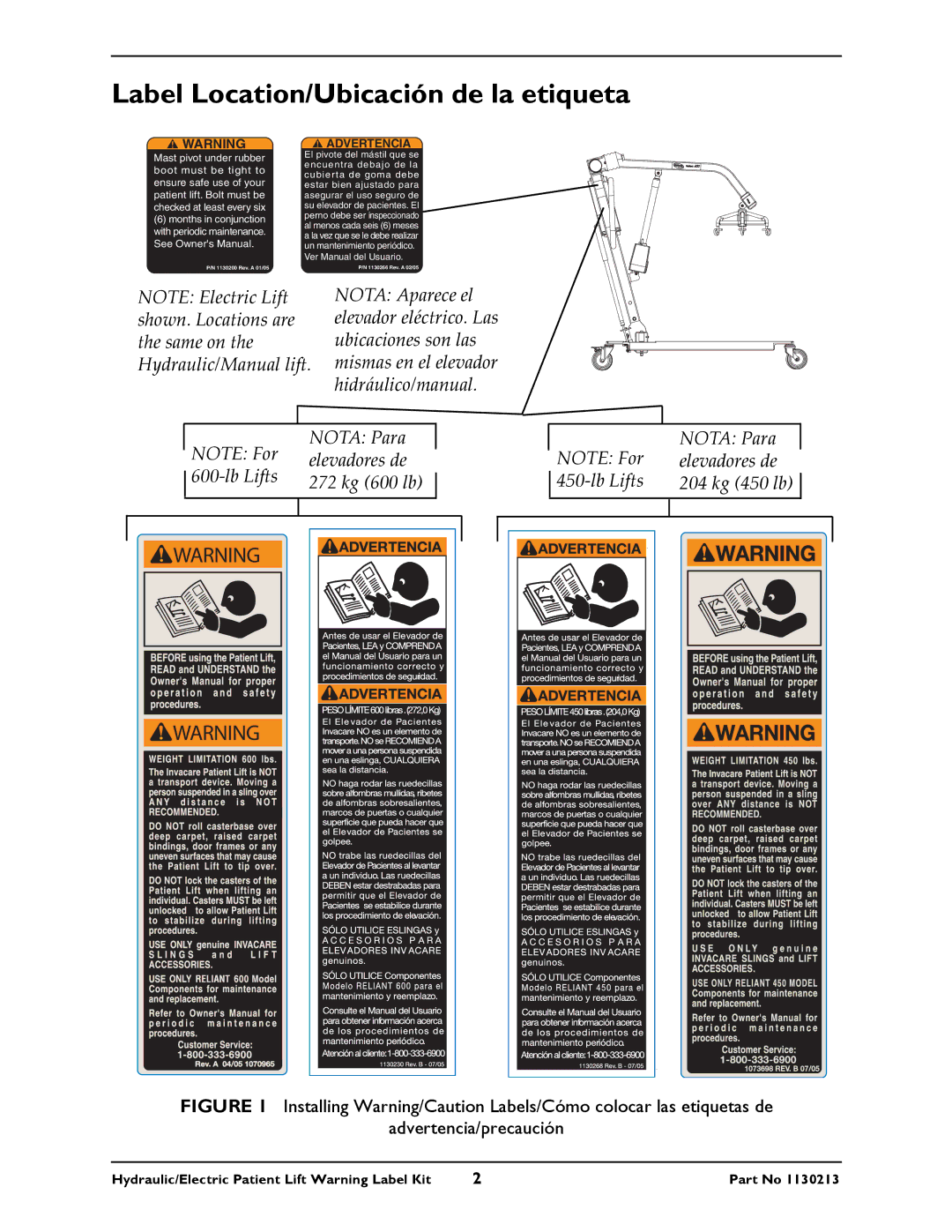 Invacare 1130213, 1130266A, 1130230B, 1130268B instruction sheet Label Location/Ubicación de la etiqueta, Advertencia 