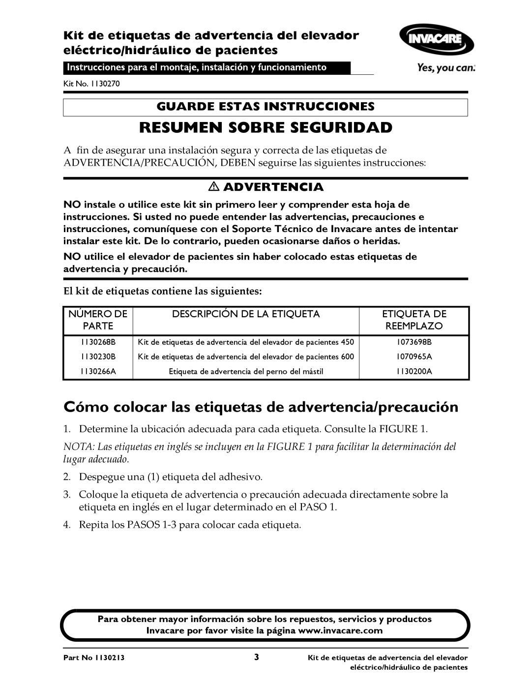 Invacare 1130266 Cómo colocar las etiquetas de advertencia/precaución, El kit de etiquetas contiene las siguientes 