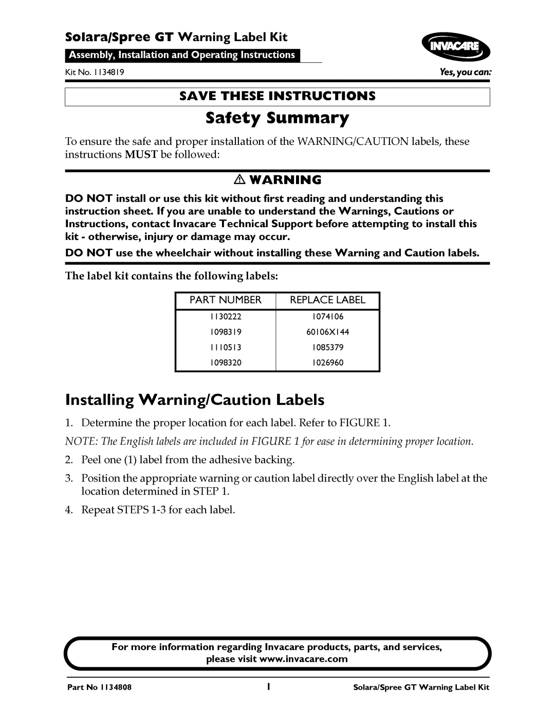 Invacare 1134808 instruction sheet Safety Summary, Installing Warning/Caution Labels 