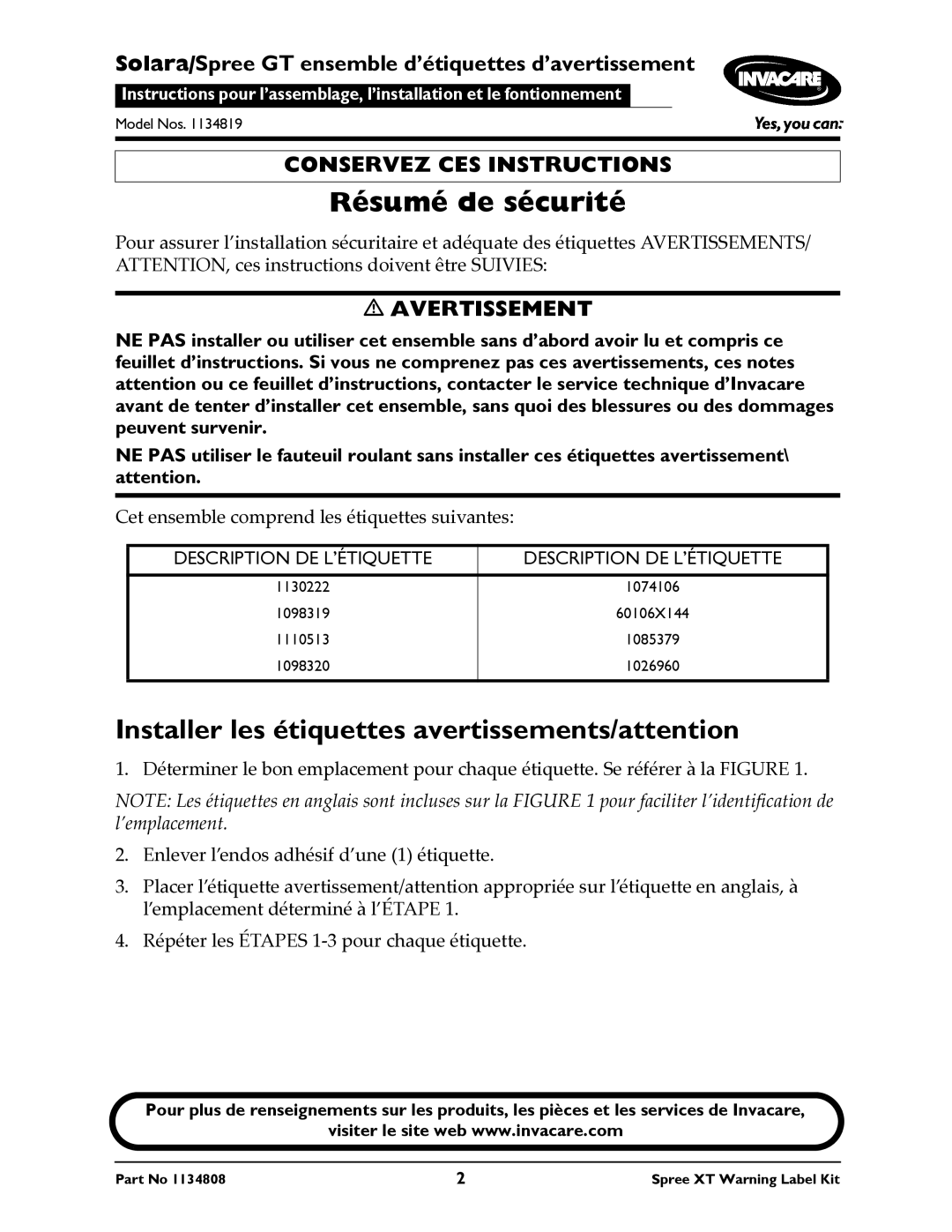 Invacare 1134808 instruction sheet Résumé de sécurité, Installer les étiquettes avertissements/attention 