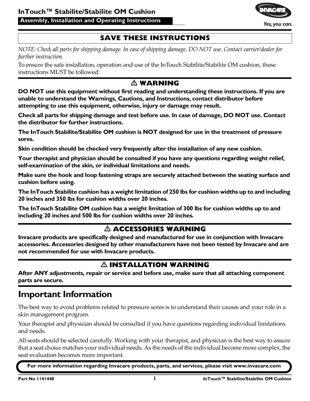 Invacare 1141448 operating instructions Important Information, InTouch Stabilite/Stabilite OM Cushion 