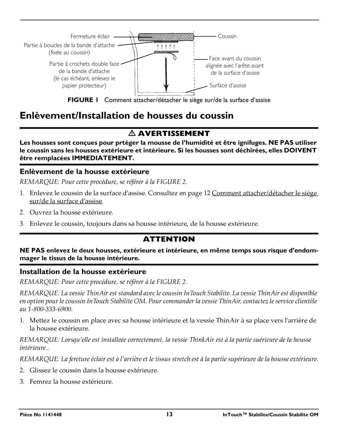 Invacare 1141448 operating instructions Enlèvement/Installation de housses du coussin, Enlèvement de la housse extérieure 