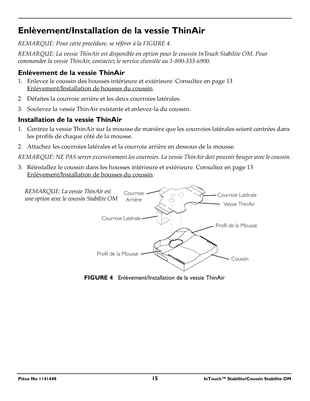 Invacare 1141448 operating instructions Enlèvement/Installation de la vessie ThinAir, Enlèvement de la vessie ThinAir 