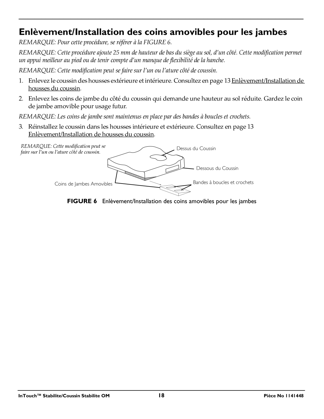 Invacare 1141448 operating instructions Enlèvement/Installation des coins amovibles pour les jambes 