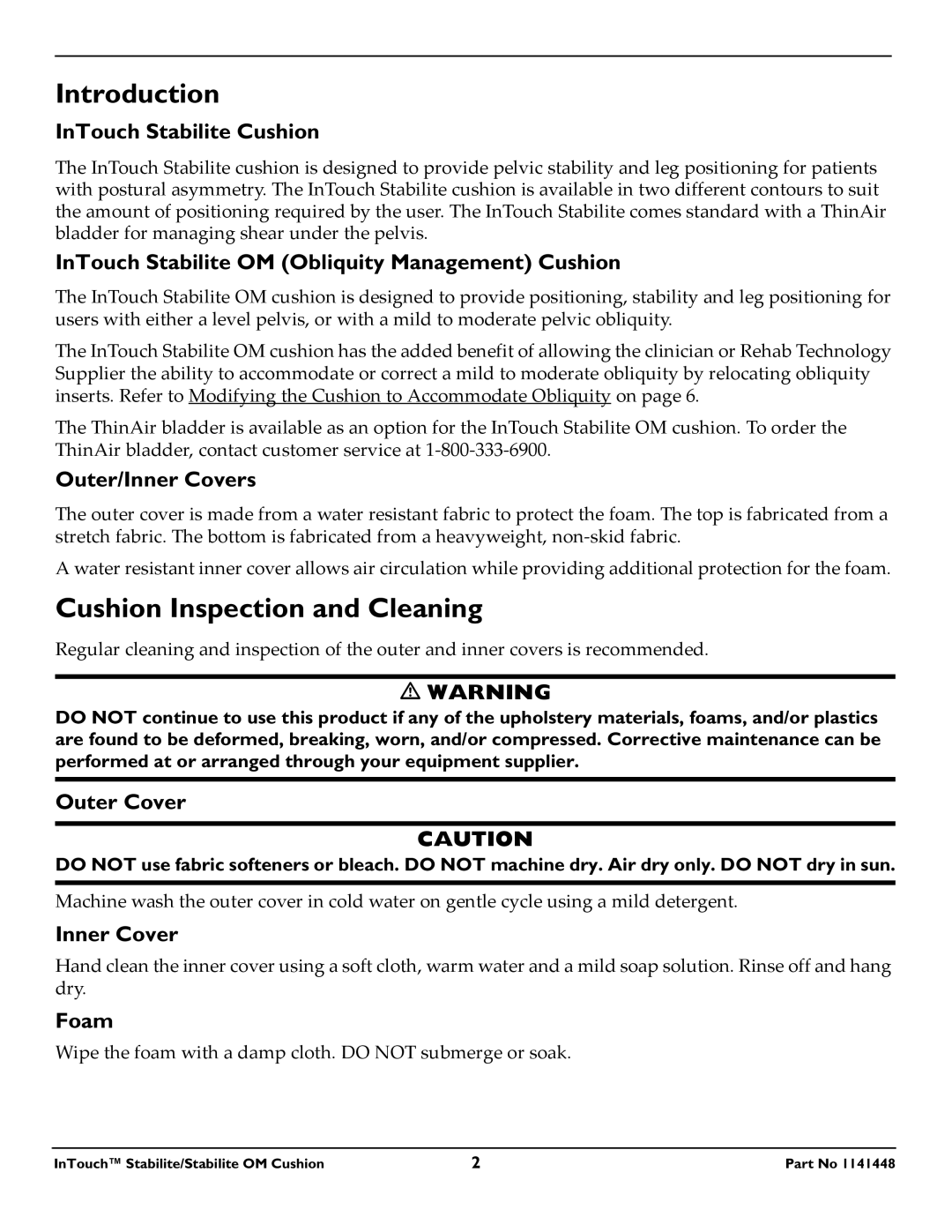 Invacare 1141448 operating instructions Introduction, Cushion Inspection and Cleaning 