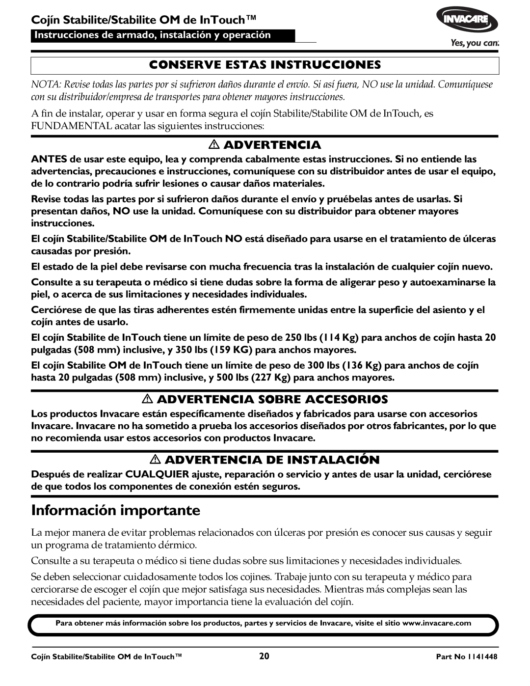 Invacare 1141448 operating instructions Información importante, Cojín Stabilite/Stabilite OM de InTouch 