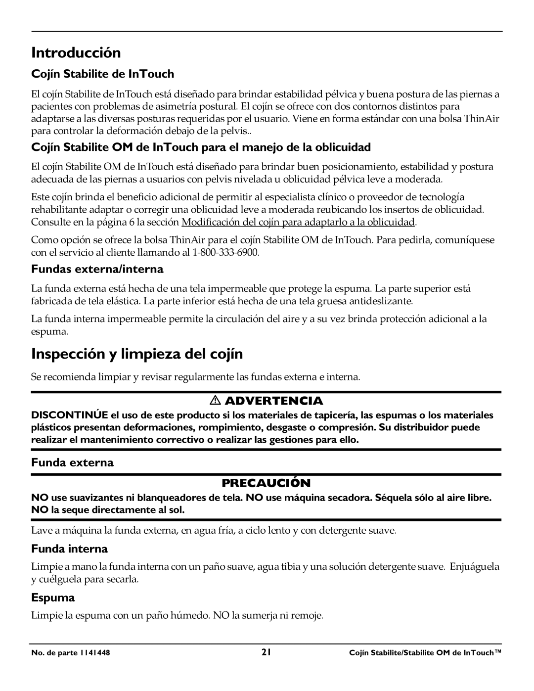 Invacare 1141448 operating instructions Introducción, Inspección y limpieza del cojín 