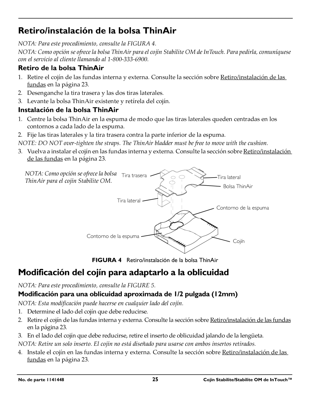 Invacare 1141448 Retiro/instalación de la bolsa ThinAir, Modificación del cojín para adaptarlo a la oblicuidad 