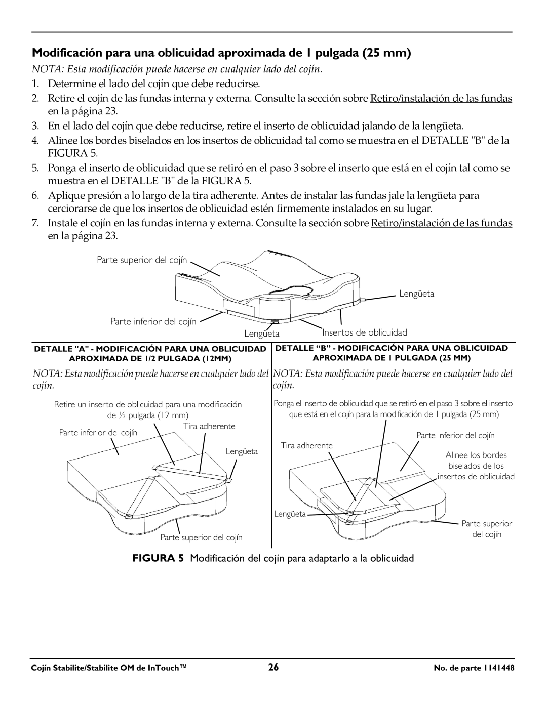 Invacare 1141448 operating instructions Parte superior del cojín Lengüeta Parte inferior del cojín 