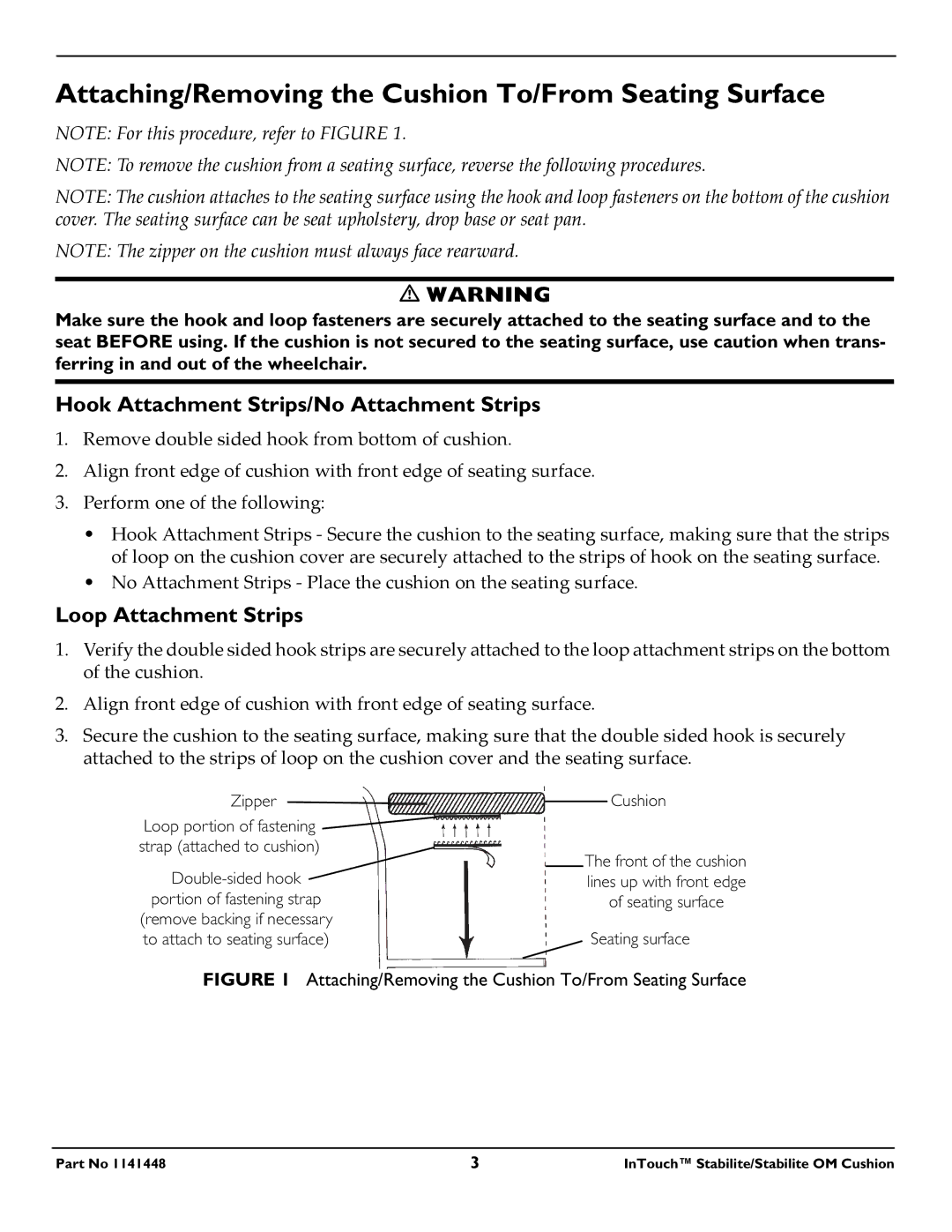 Invacare 1141448 Attaching/Removing the Cushion To/From Seating Surface, Hook Attachment Strips/No Attachment Strips 