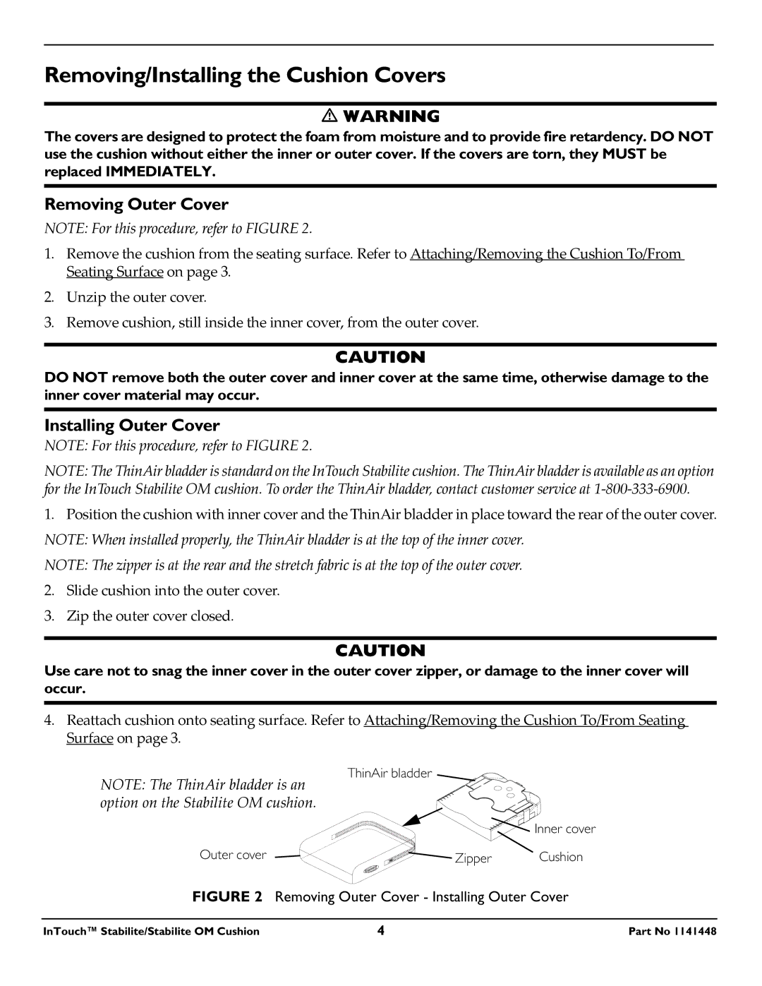Invacare 1141448 Removing/Installing the Cushion Covers, Removing Outer Cover, Installing Outer Cover 