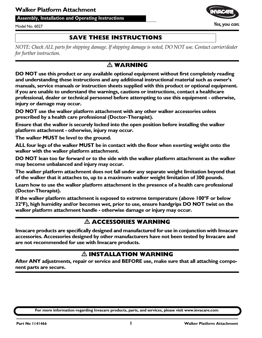 Invacare 1141466 owner manual Walker Platform Attachment, Assembly, Installation and Operating Instructions 