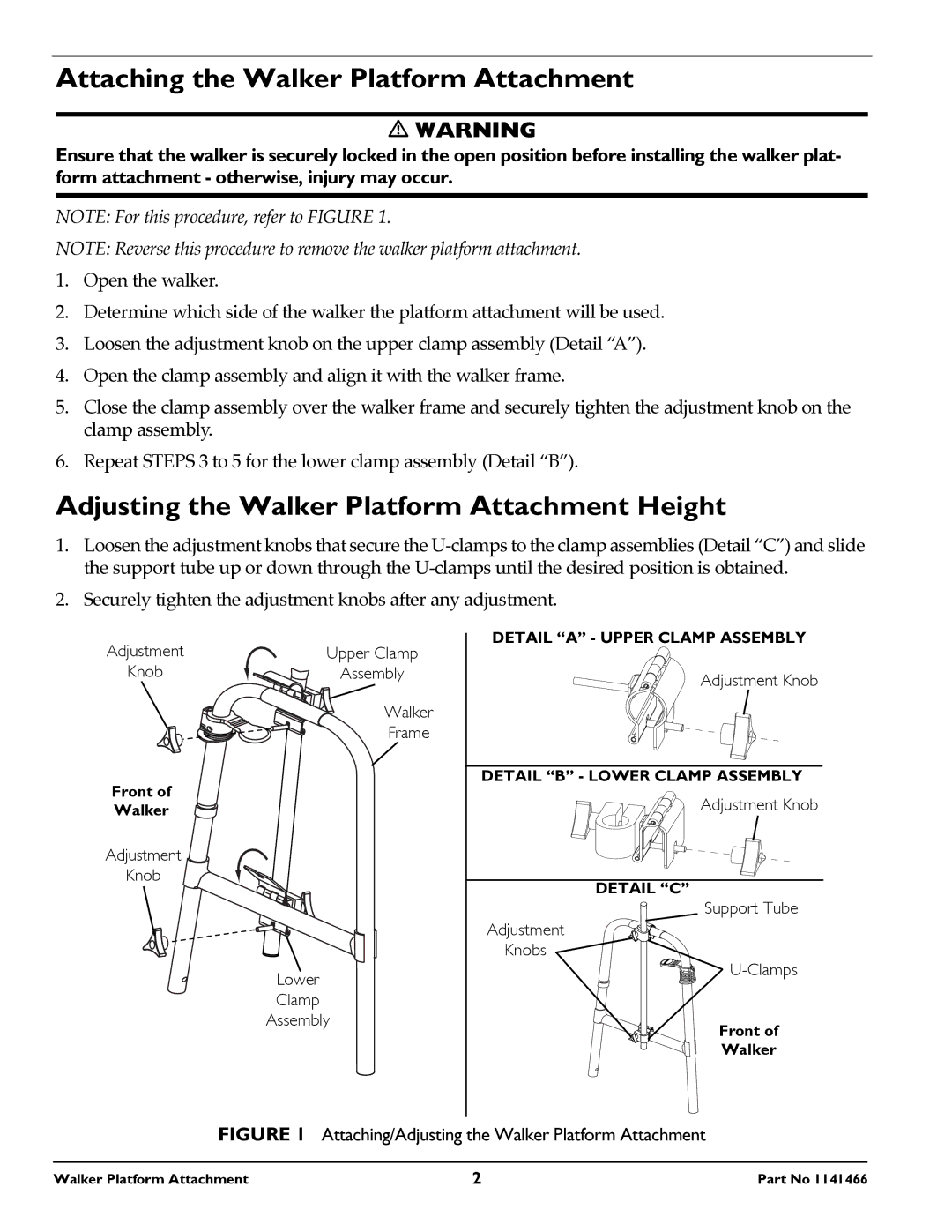 Invacare 1141466 owner manual Attaching the Walker Platform Attachment, Adjusting the Walker Platform Attachment Height 