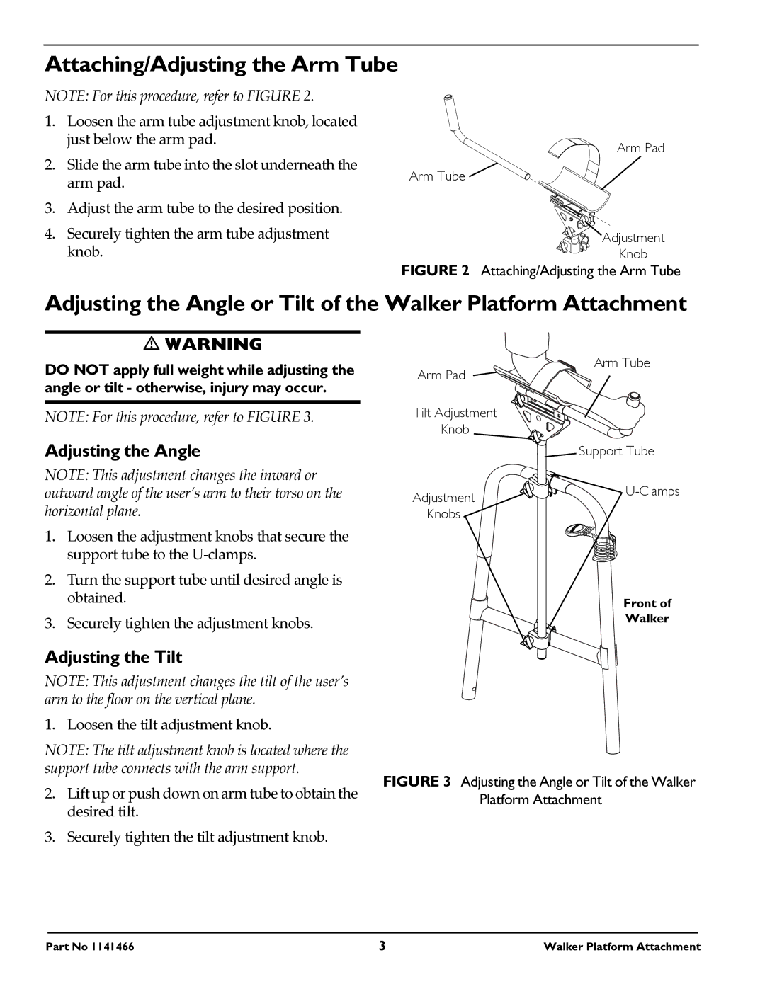 Invacare 1141466 owner manual Attaching/Adjusting the Arm Tube, Adjusting the Angle, Adjusting the Tilt 