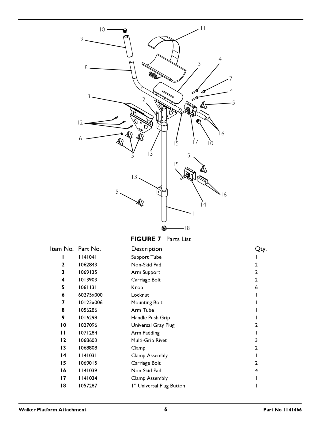 Invacare 1141466 owner manual Parts List Item No Description Qty 