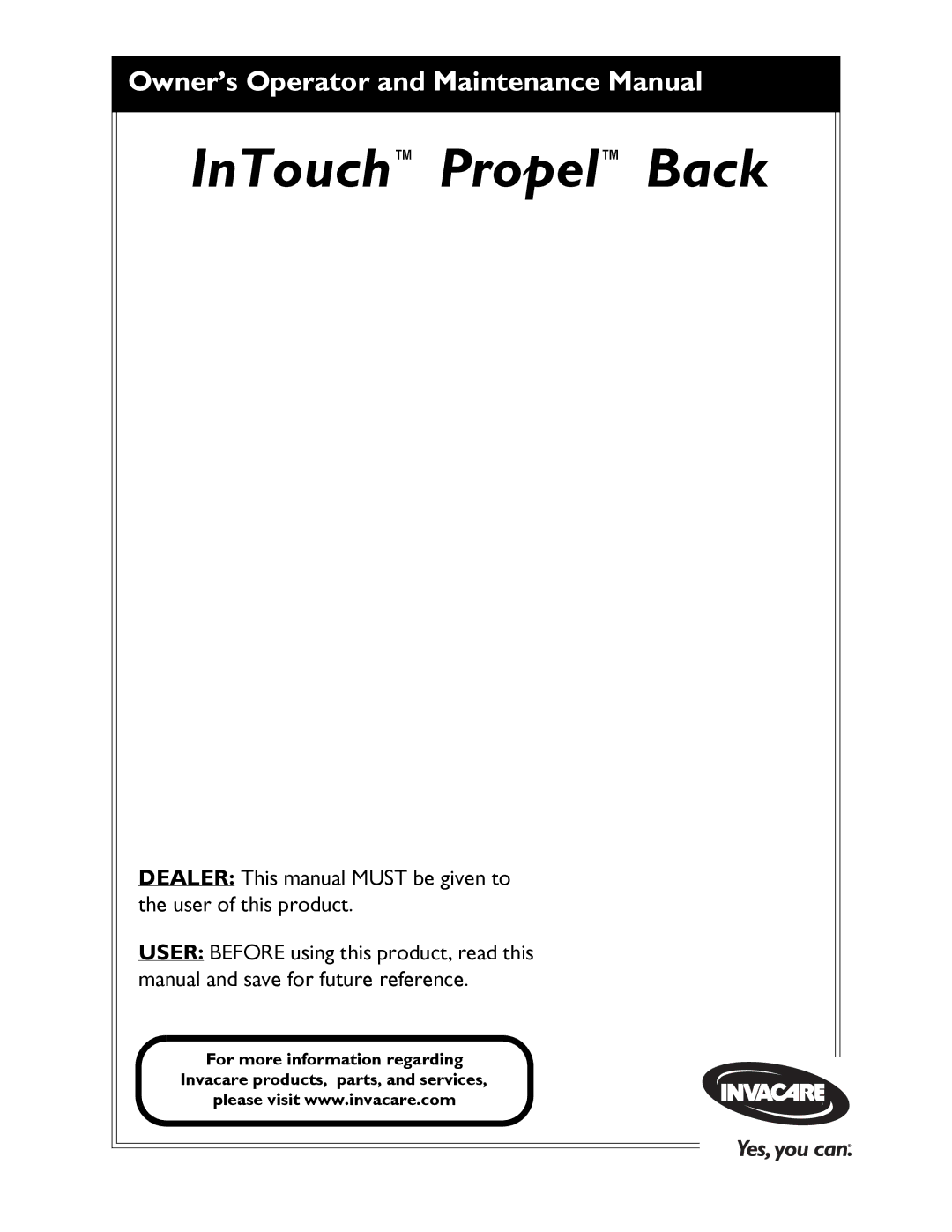 Invacare 1143199 manual InTouch Propel Back 