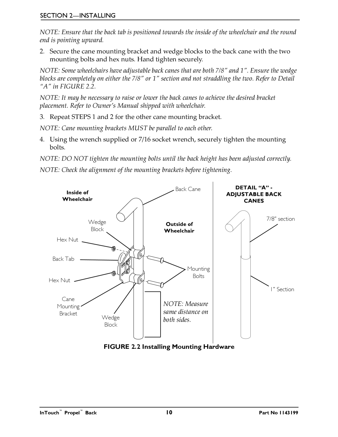 Invacare 1143199 manual Installing Mounting Hardware 